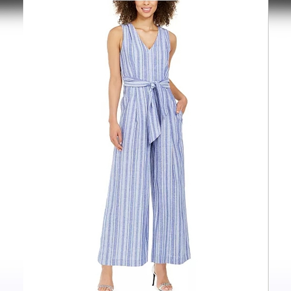 Calvin Klein Blue Striped Linen Blend V-neck Sleeveless Wide Leg Belted Jumpsuit